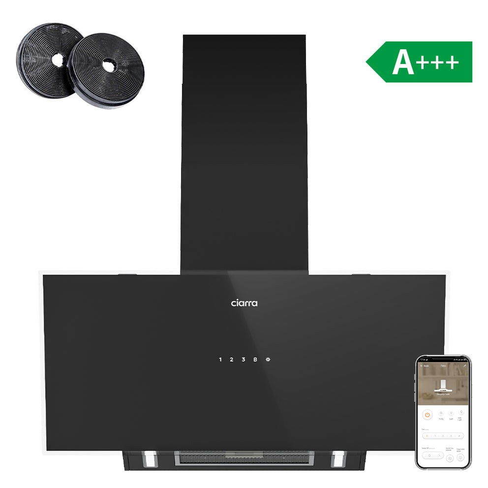 Ciarra 90 cm Kopffreihaube Schwarz – bis zu 700 m³/h, A+++, WLAN & App, 4 Stufen, Umluft/Abluft | CBCB9763A