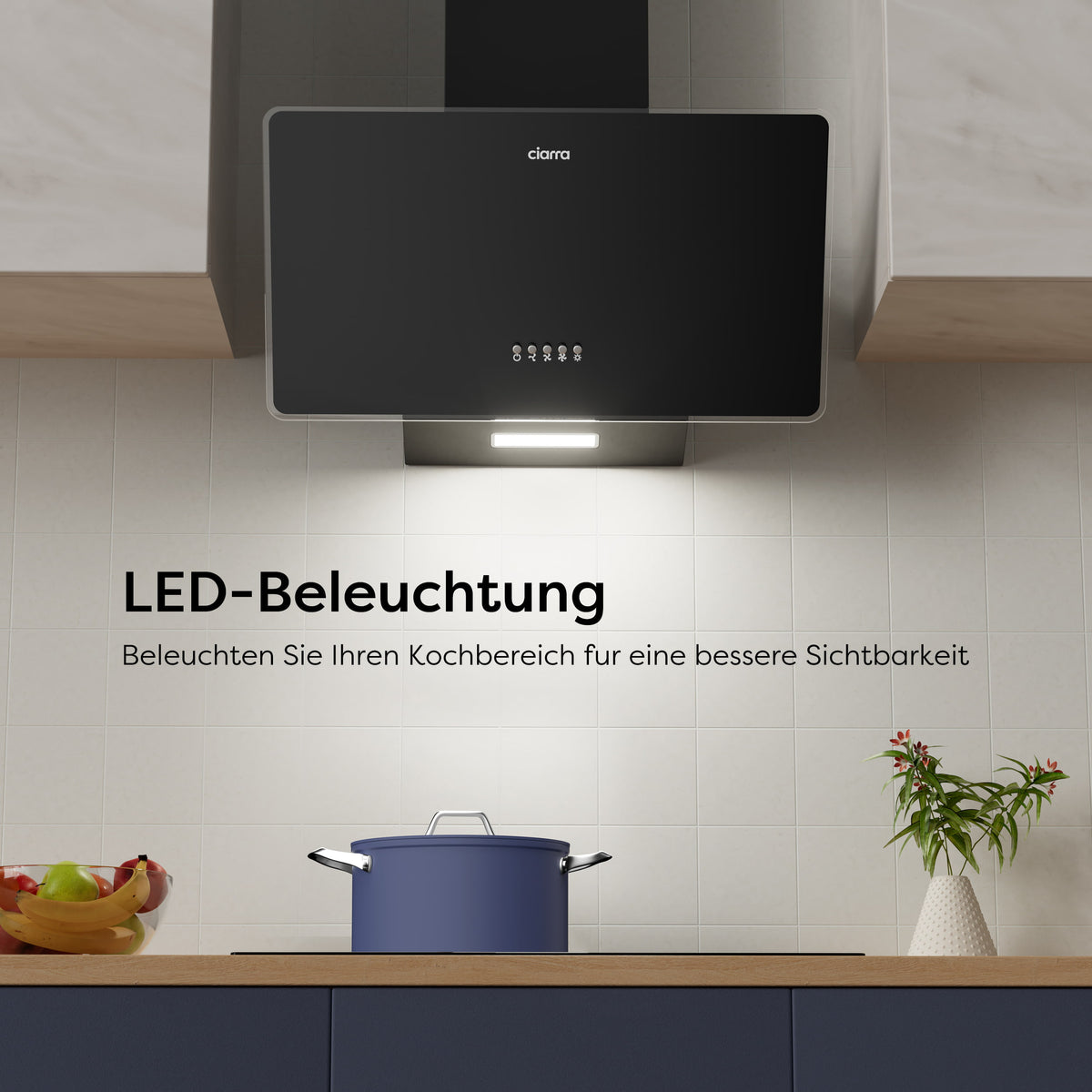 Ciarra 60cm Kopffreie Dunstabzugshaube Glas Schwarz, Abluft/Umluft, Klasse A | CAB6750