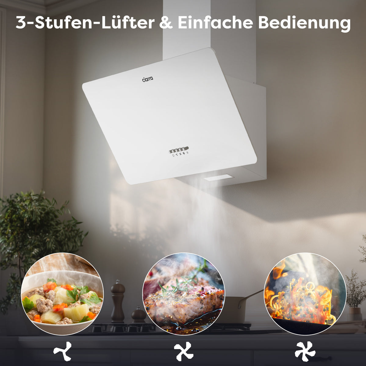 Ciarra 60cm Kopffreie Dunstabzugshaube Glas Weiß, Abluft/Umluft, Klasse A | CAW6750