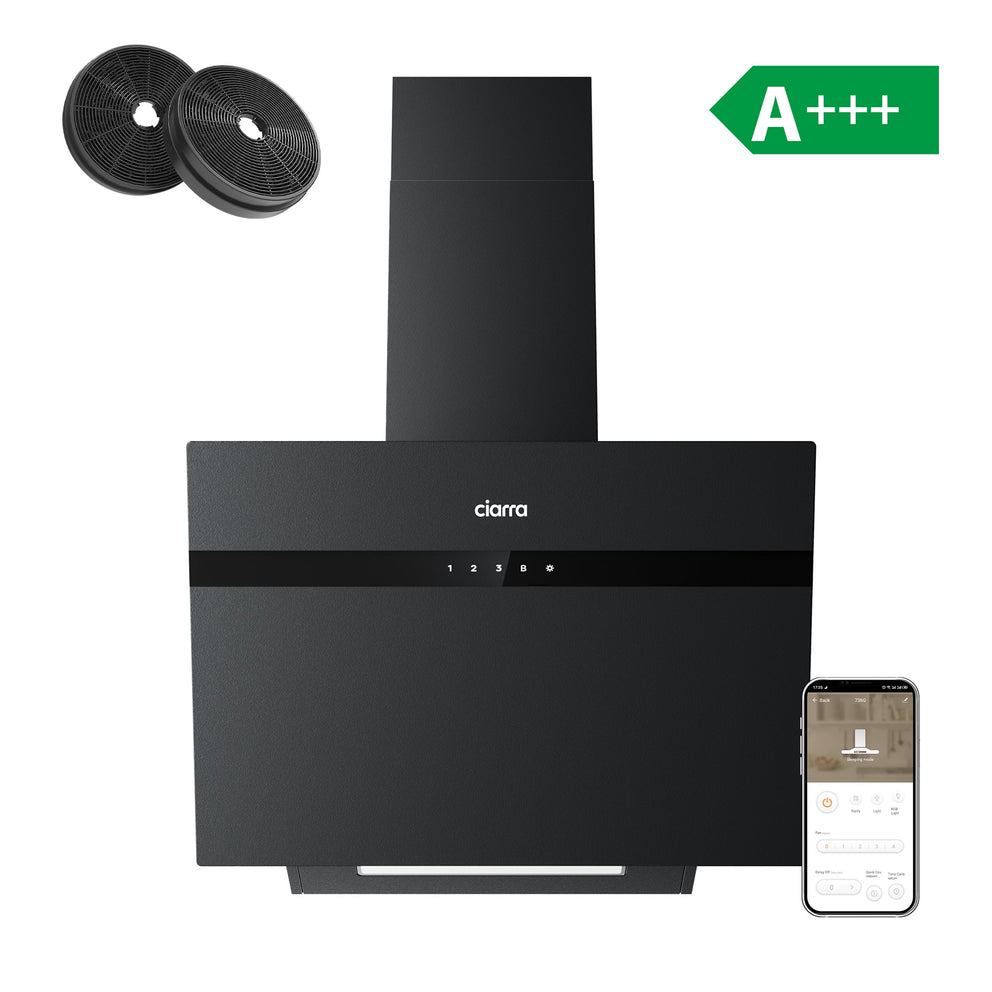 Ciarra Schwarz Kopffreie Dunstabzugshaube 60cm A+++ App/WLAN Steuerung - Schwarzglas Anti-Fingerabdrücke CBCG6736H-G