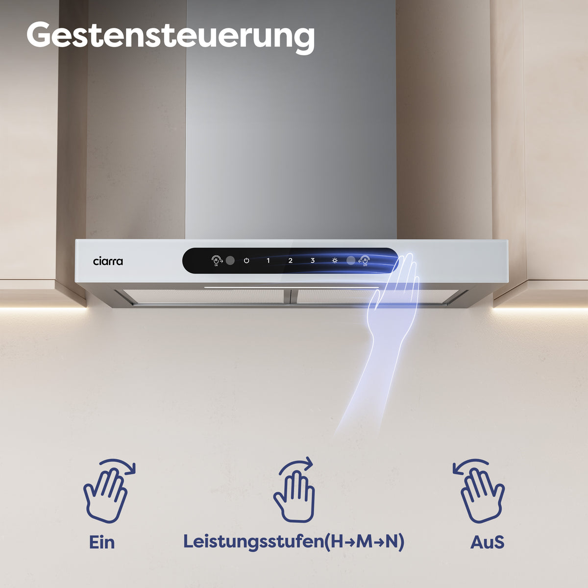 Ciarra Dunstabzugshaube 60cm, Touch & Gestensteuerung, Umluft & Abluft | CBCW6102-W