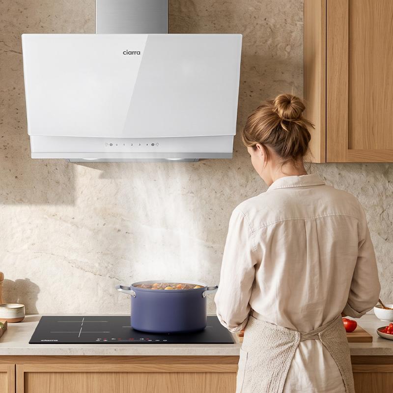 Ciarra Kopffreie Dunstabzugshaube 60cm, Weiß Glas Edelstahl, A+++, Touch & Gestensteuerung, Umluft & Abluft | CBCW6736A