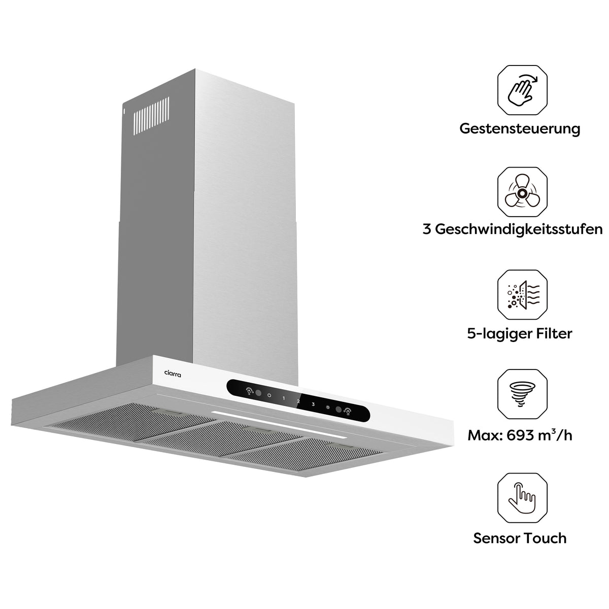 Ciarra Wandhaube 90cm in T-Form, Touch & Gestensteuerung, Umluft & Abluft | CBCW9102-W