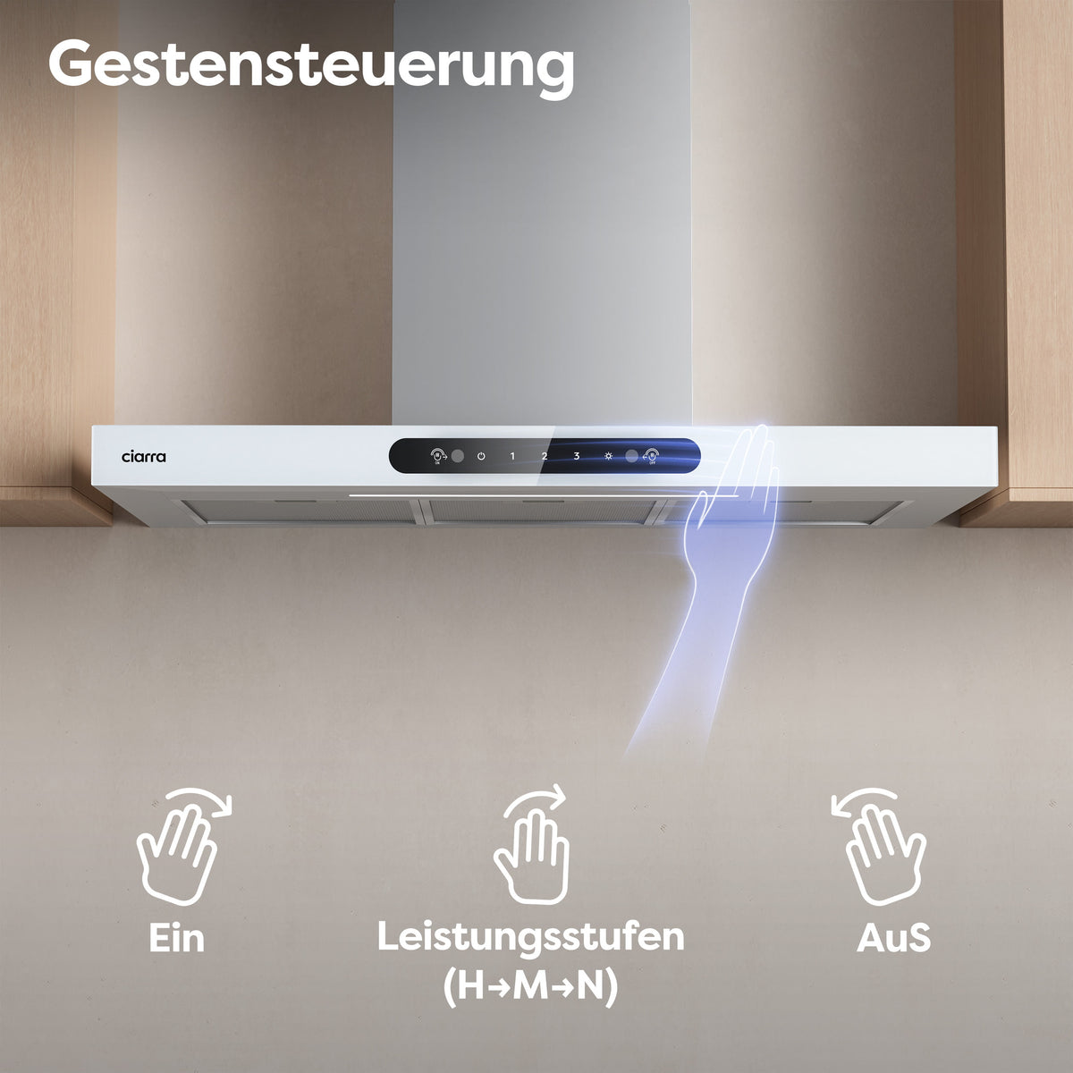 Ciarra Wandhaube 90cm in T-Form, Touch & Gestensteuerung, Umluft & Abluft | CBCW9102-W