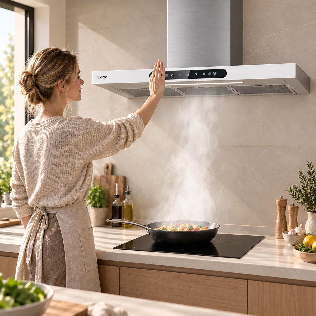 Ciarra Wandhaube 90cm in T-Form, Touch & Gestensteuerung, Umluft & Abluft | CBCW9102-W