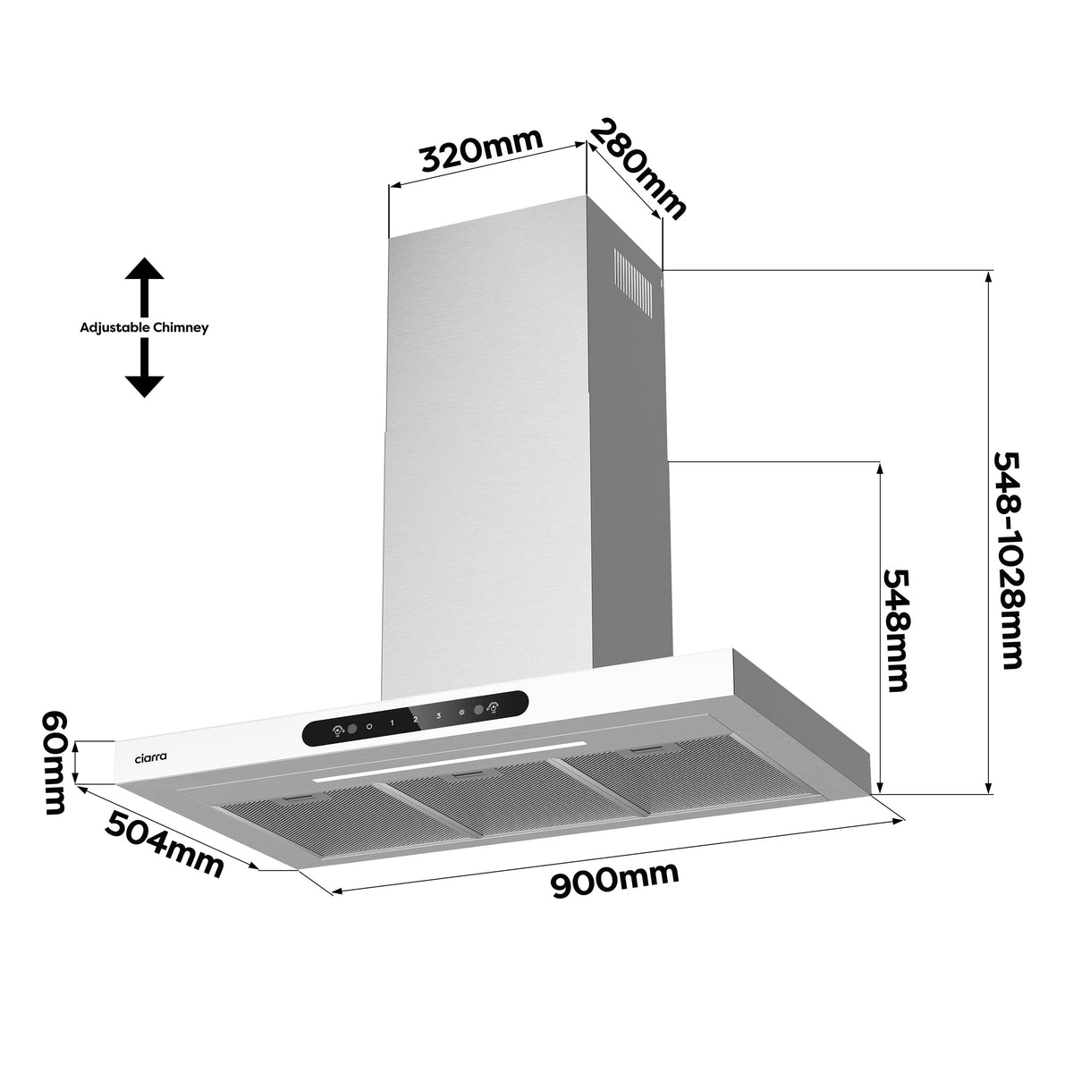 Ciarra Wandhaube 90cm in T-Form, Touch & Gestensteuerung, Umluft & Abluft | CBCW9102-W