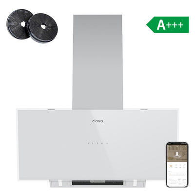 Ciarra Kopffreihaube 90cm Weißglas - Smarte Dunstabzugshaube für offene Küchen & Mietwohnungen, Energiesparend A+++, Umluft & Abluft Komplettset inkl. Aktivkohlefilter | CBCW9763A