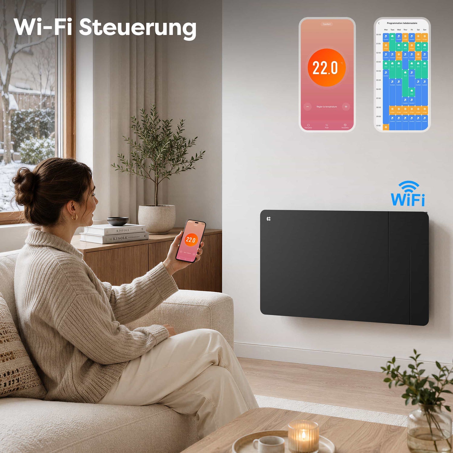 Ciarra WLAN Elektroheizung 1500W IP24 | Schwarze Badheizung