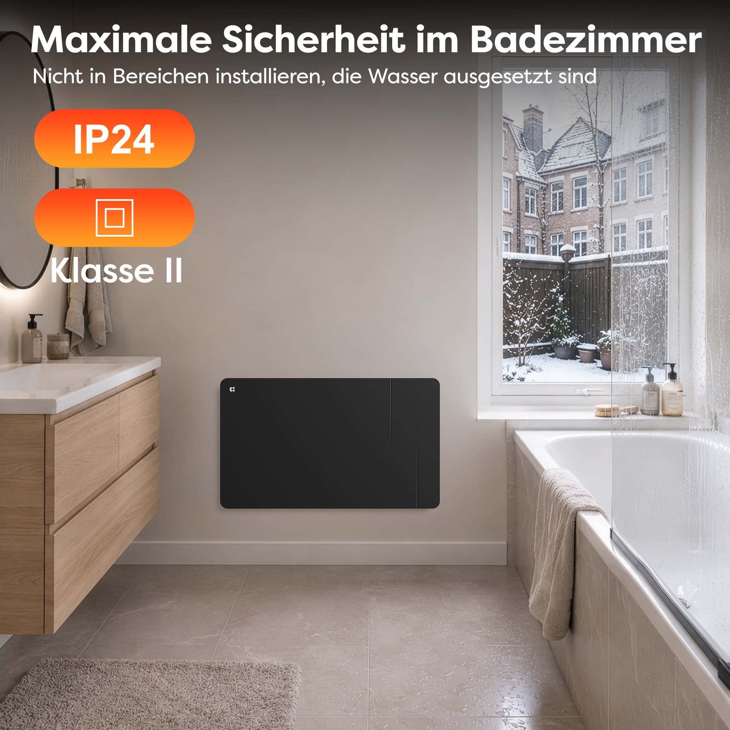 Ciarra WLAN Elektroheizung 1500W IP24 | Schwarze Badheizung