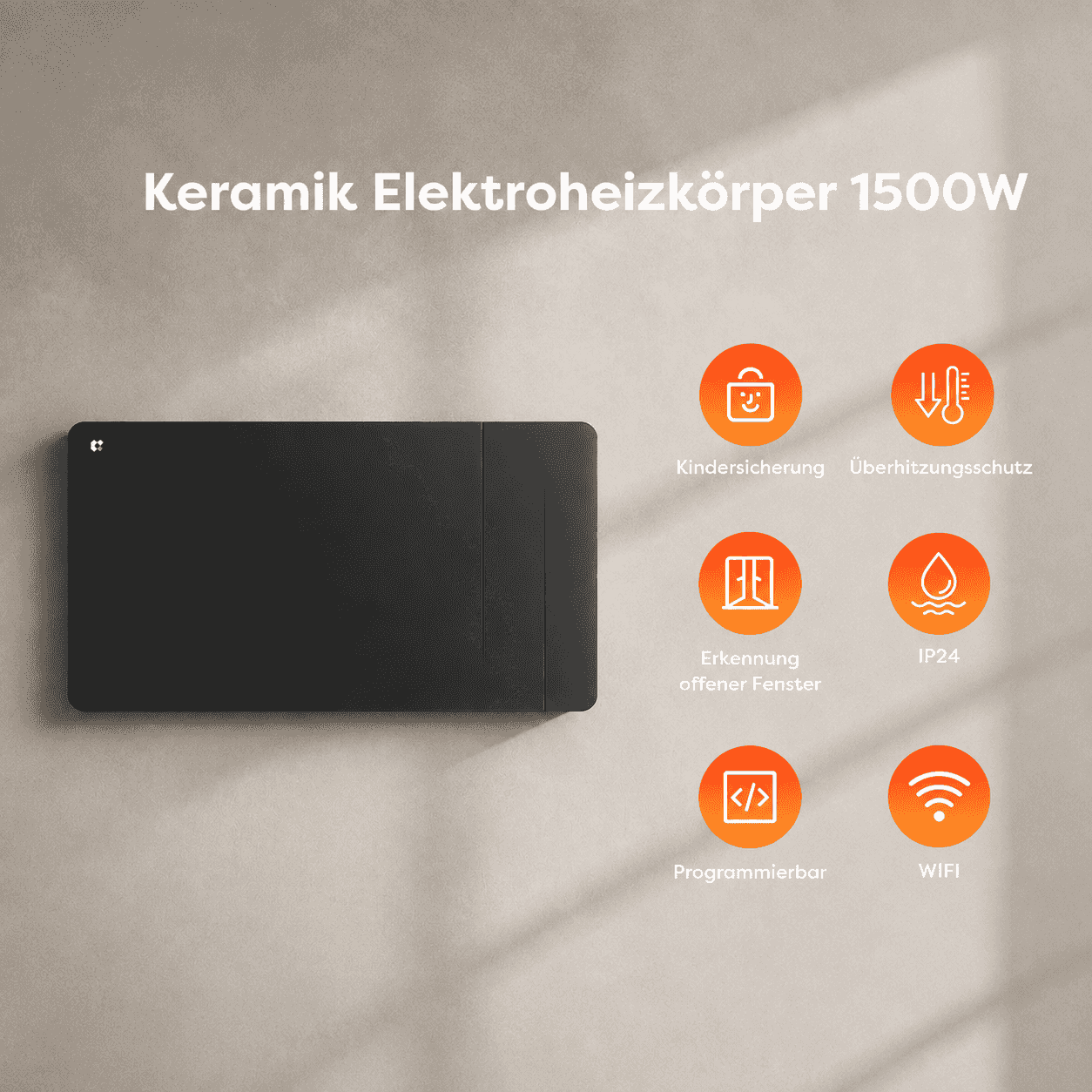 Ciarra WLAN Elektroheizung 1500W IP24 | Schwarze Badheizung