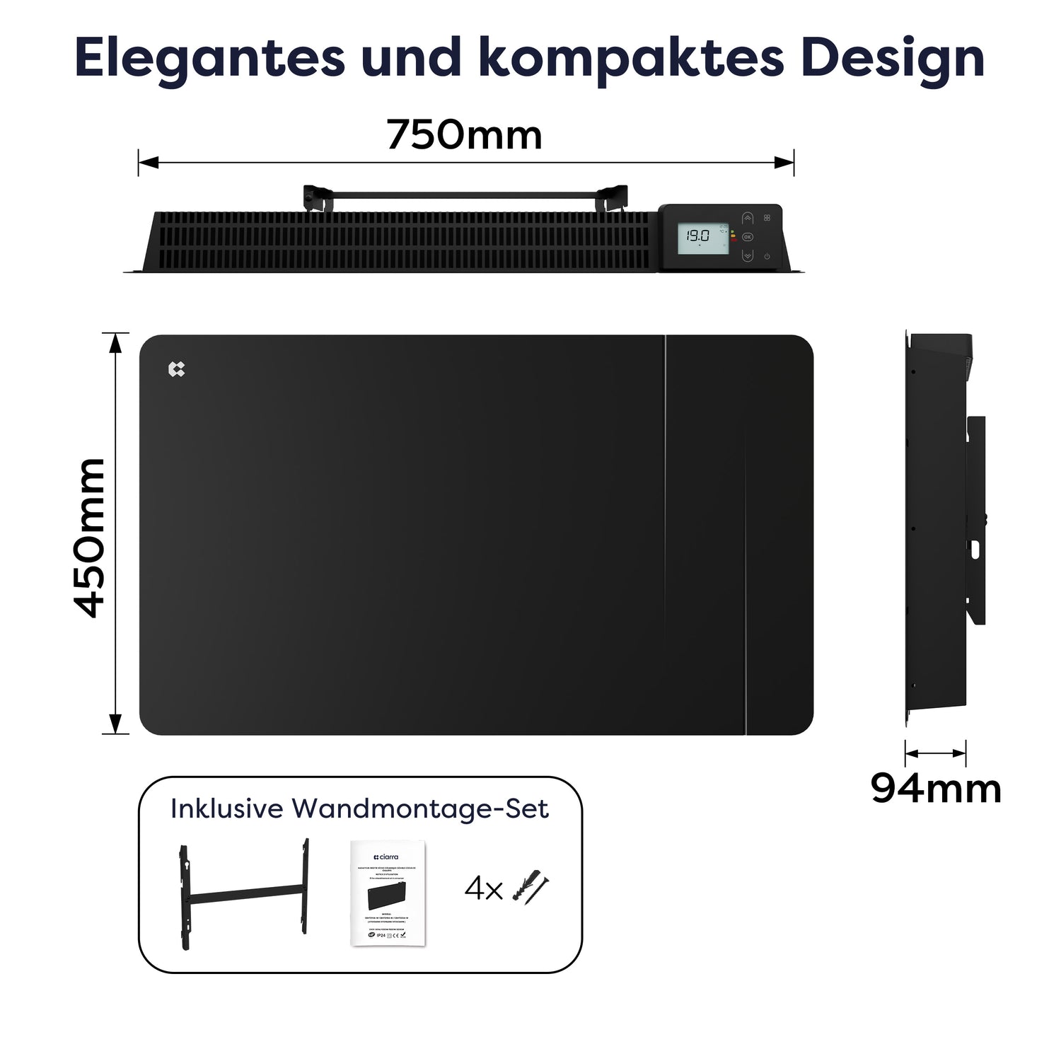 Ciarra WLAN Elektroheizung 1500W IP24 | Schwarze Badheizung