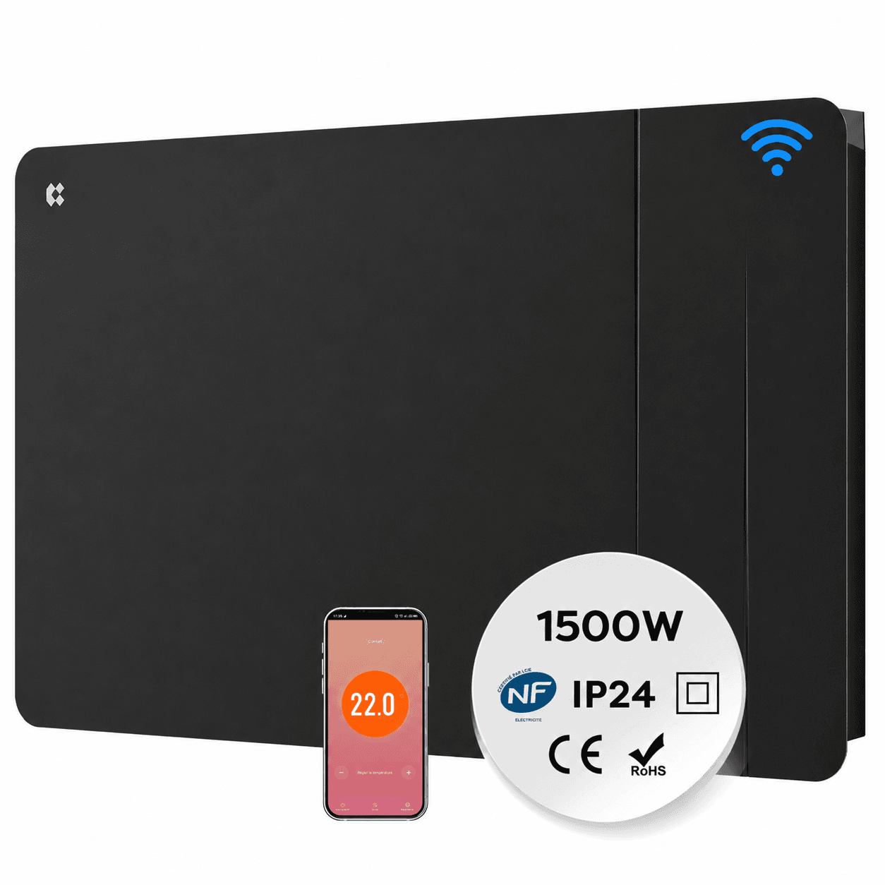 Ciarra WLAN Elektroheizung 1500W IP24 | Schwarze Badheizung