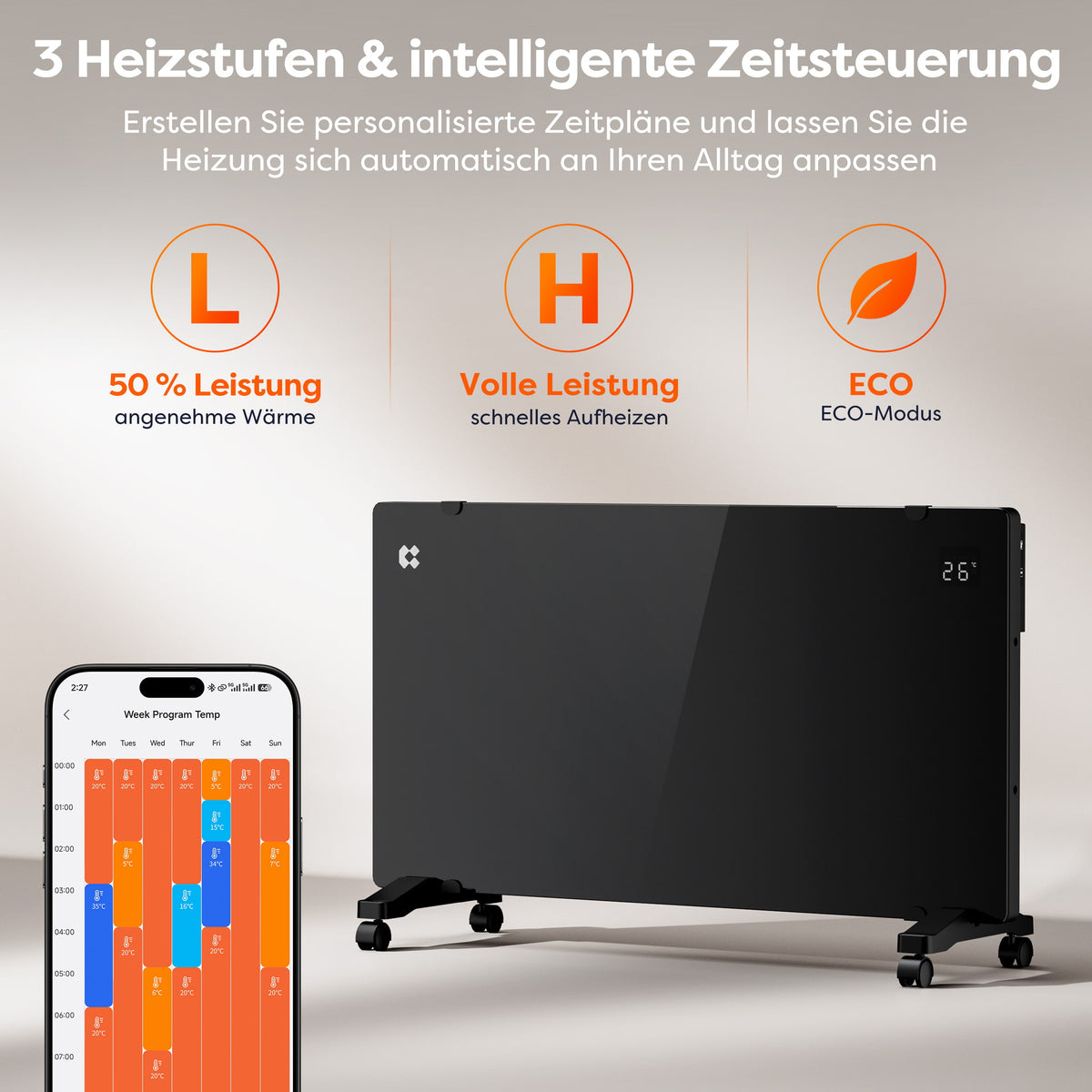 Ciarra WLAN Konvektorheizung 2000W IP24 Schwarz | CBHX20-B