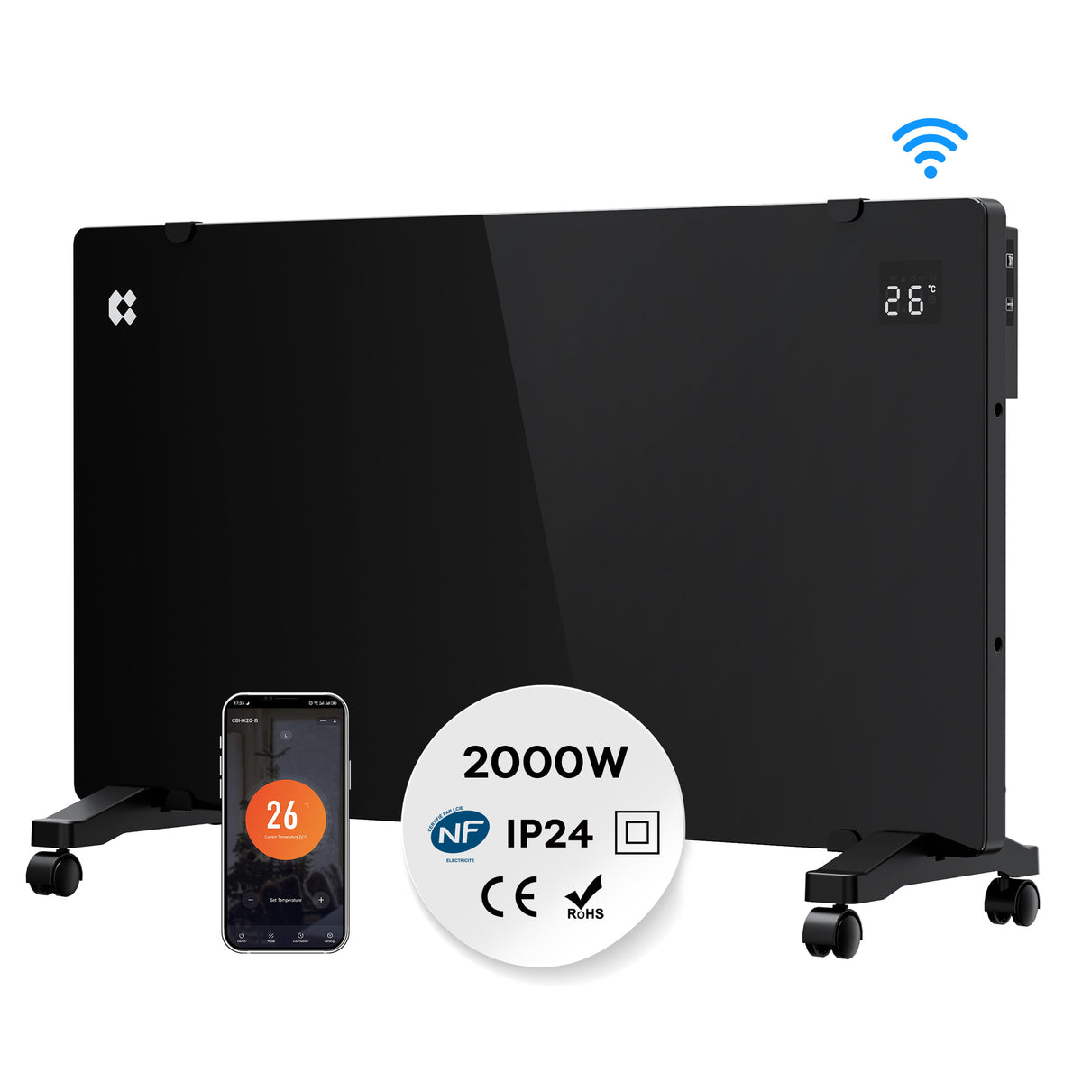 Ciarra WLAN Konvektorheizung 2000W IP24 Schwarz | CBHX20-B