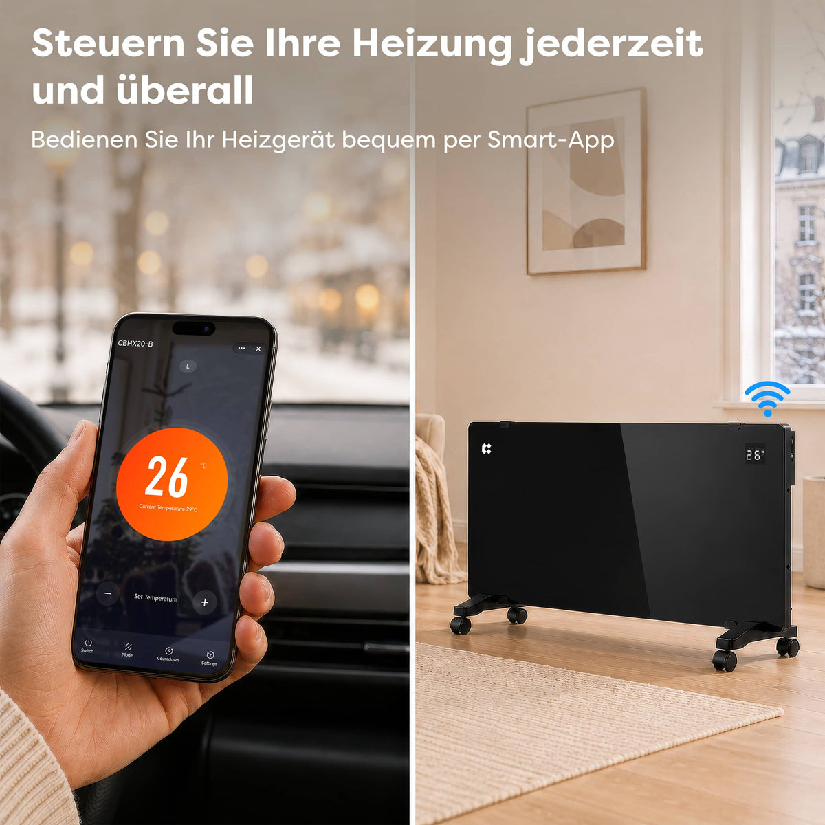 Ciarra WLAN Konvektorheizung 2000W IP24 Schwarz | CBHX20-B