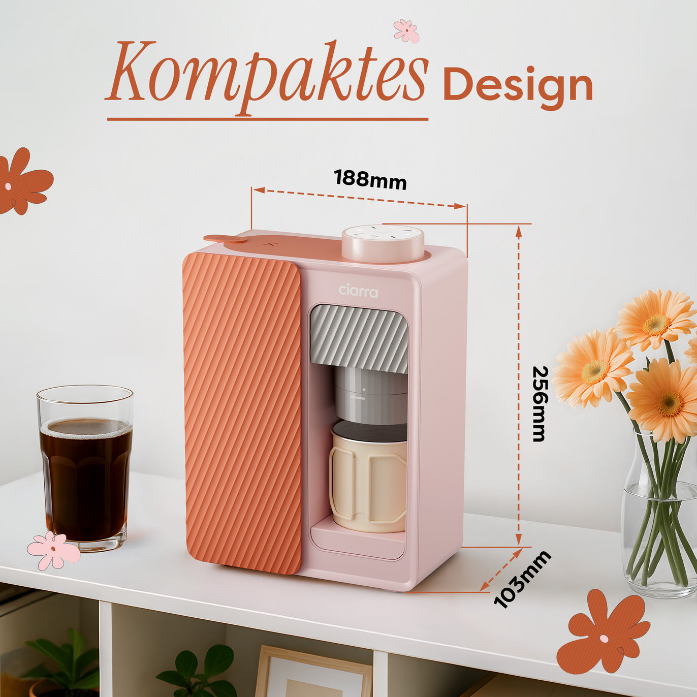 Ciarra BloomBox Kaffeemaschine Tragbare Espressomaschine 15 Bar, Umweltfreundlich Kapsellos, Zuhause & Outdoor | CBPCM551-P