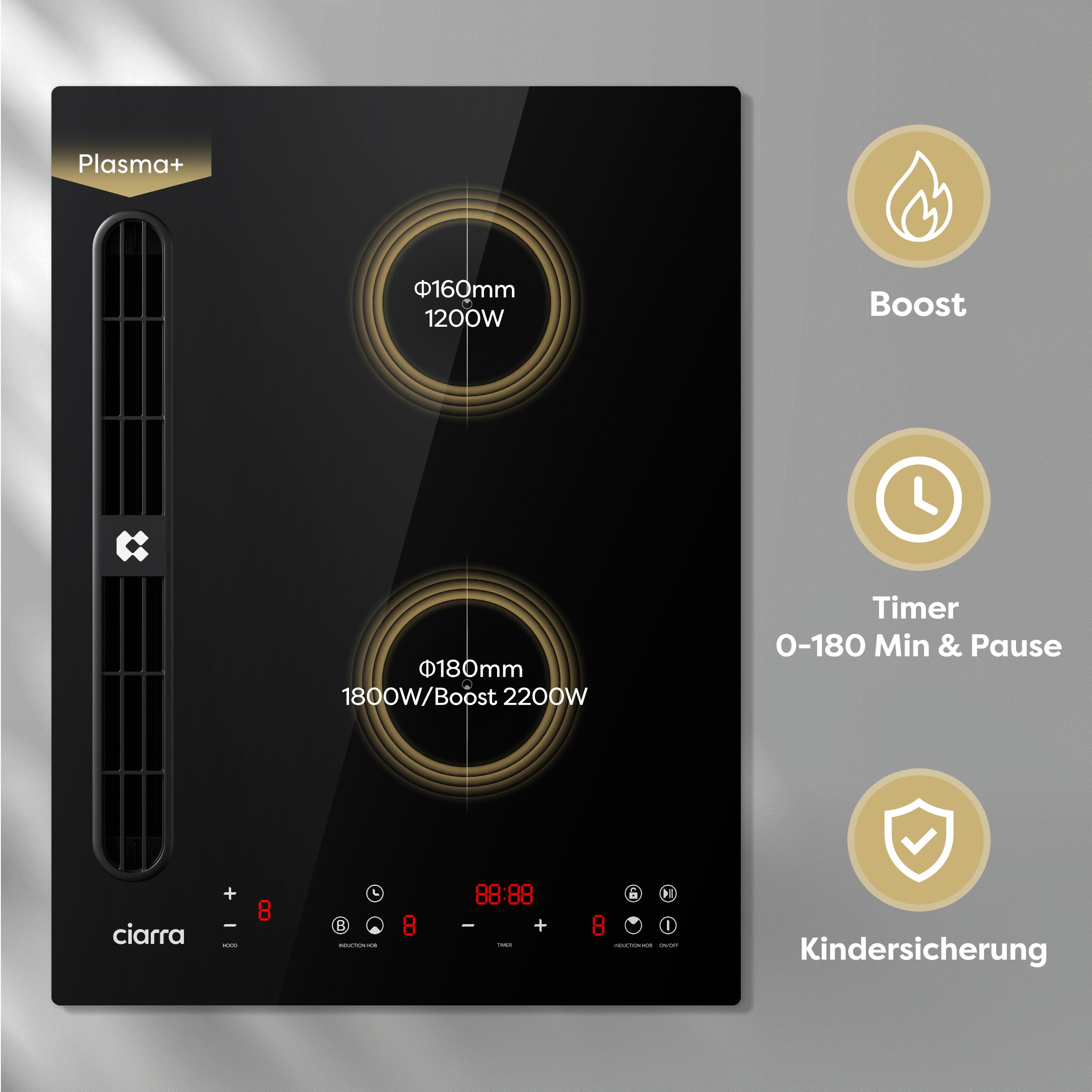 Ciarra ONE Induktions-Abzugskochfeld Domino 390 mm mit integriertem Plasma⁺-System und Boost CBBEH392B-OW