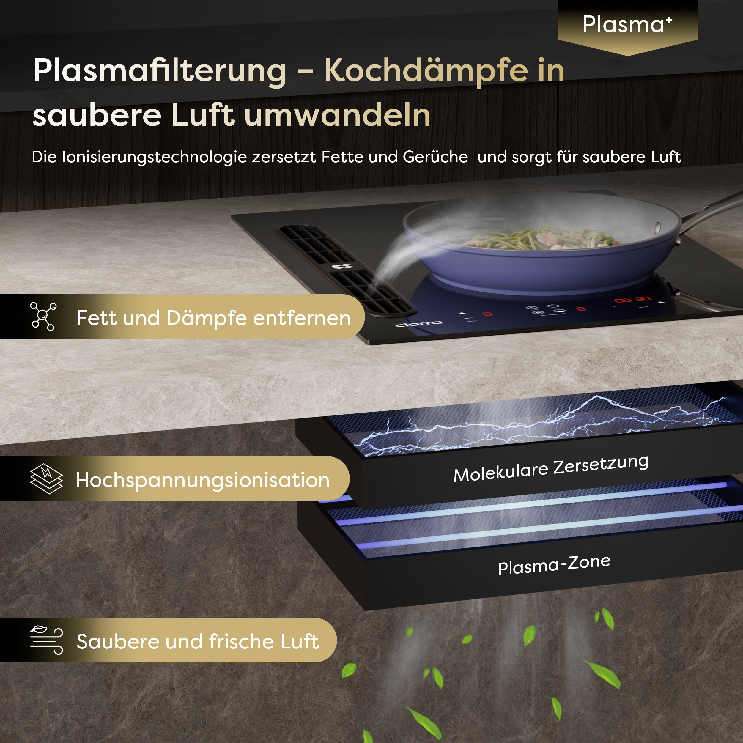 Ciarra ONE Induktionskochfeld mit Dunstabzug Domino 390 mm mit integriertem Plasma⁺-System und Boost und Flexzone CBBEH392BF-OW