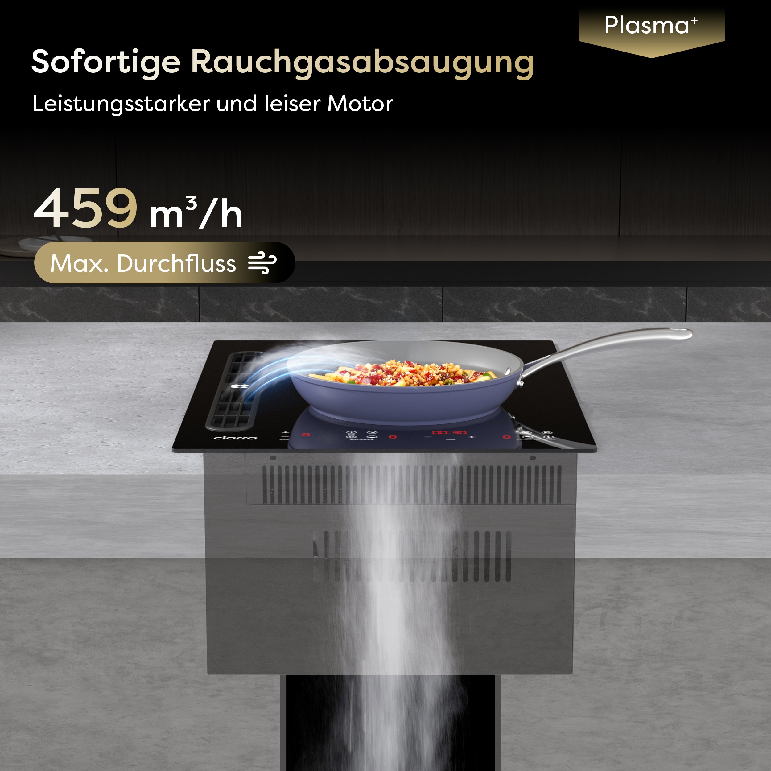 Ciarra ONE Induktionskochfeld mit Dunstabzug Domino 390 mm mit integriertem Plasma⁺-System und Boost und Flexzone CBBEH392BF-OW