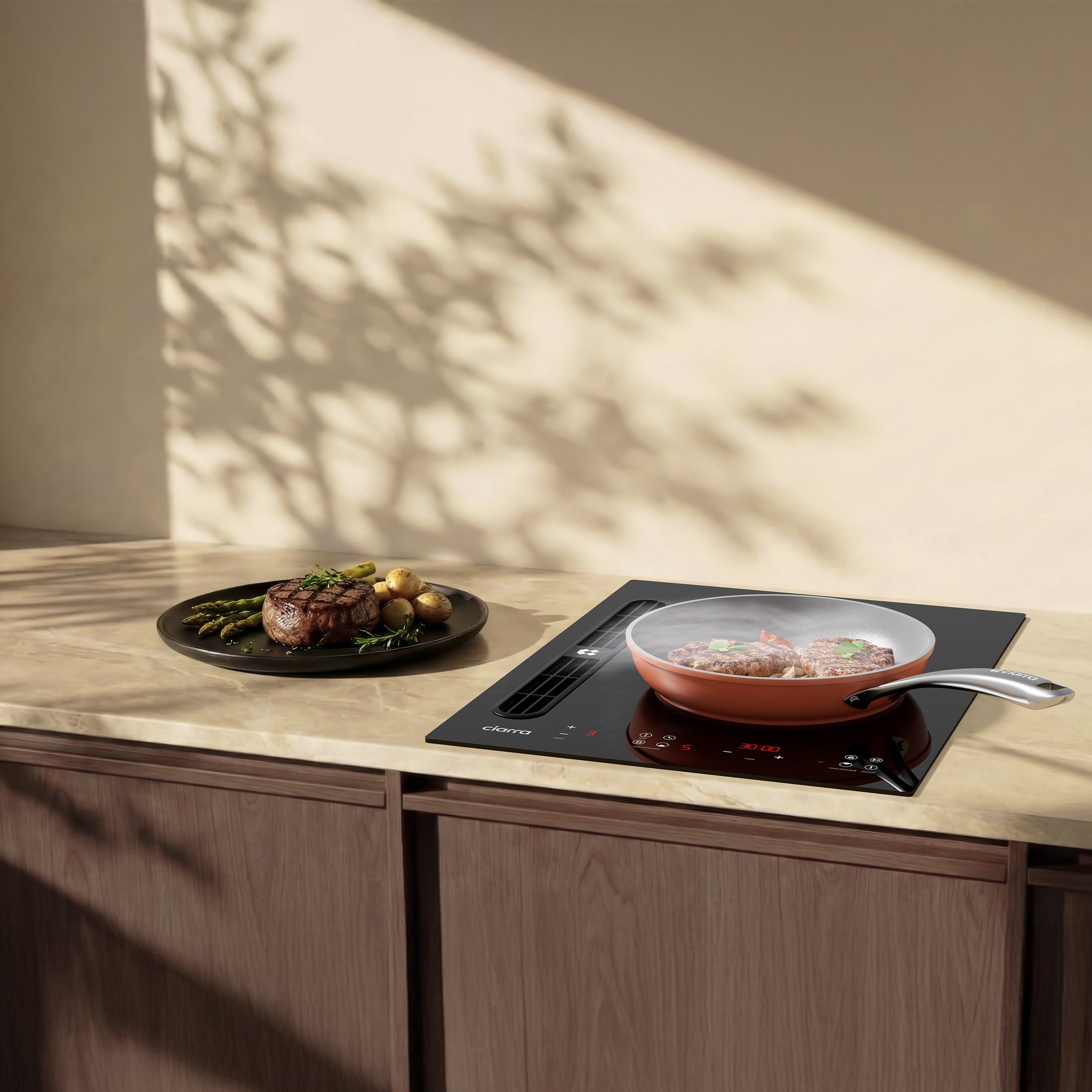 Ciarra ONE Induktionskochfeld mit Dunstabzug Domino 390 mm mit integriertem Plasma⁺-System und Boost und Flexzone CBBEH392BF-OW