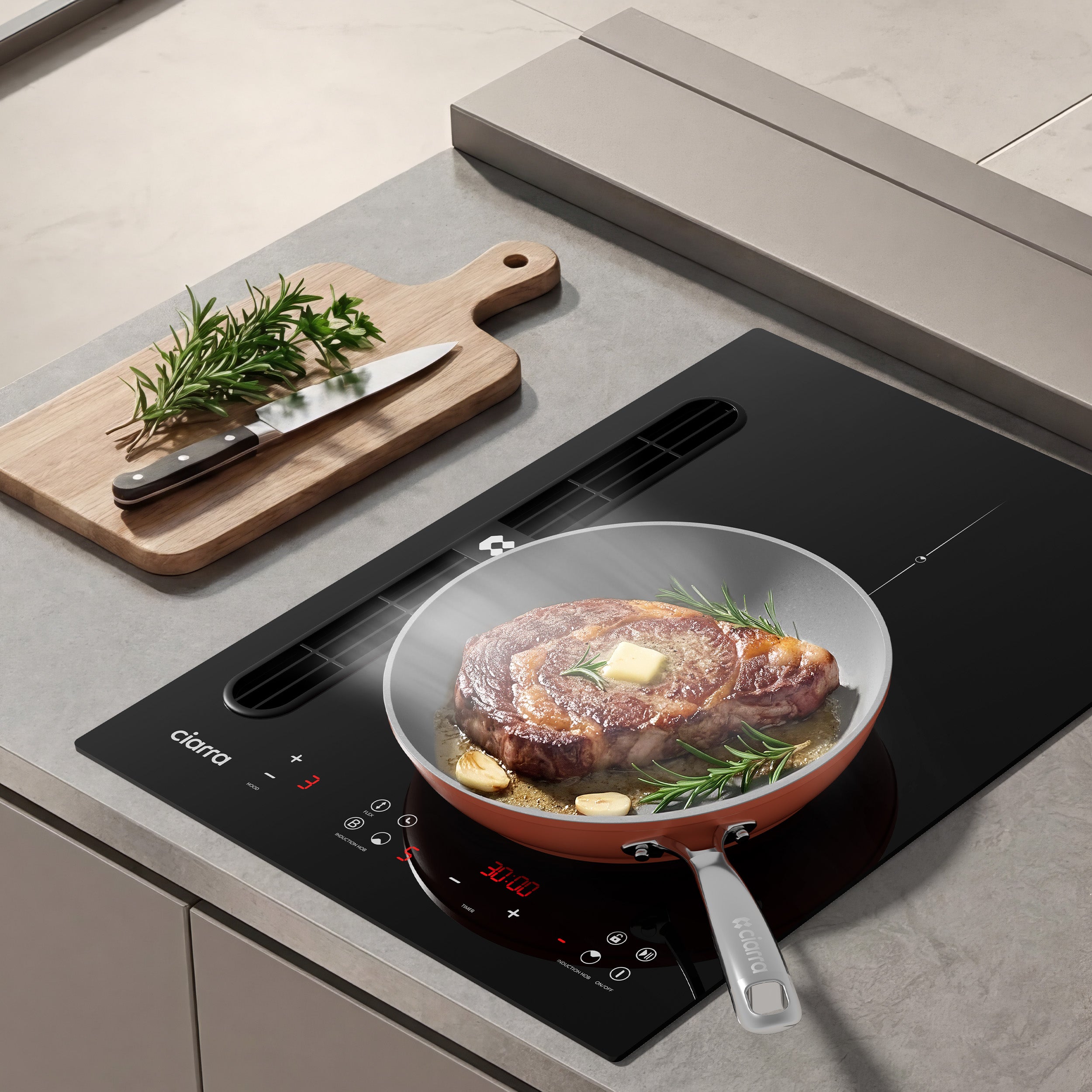 Ciarra ONE Induktionskochfeld mit Dunstabzug Domino 390 mm mit integriertem Plasma⁺-System und Boost und Flexzone CBBEH392BF-OW