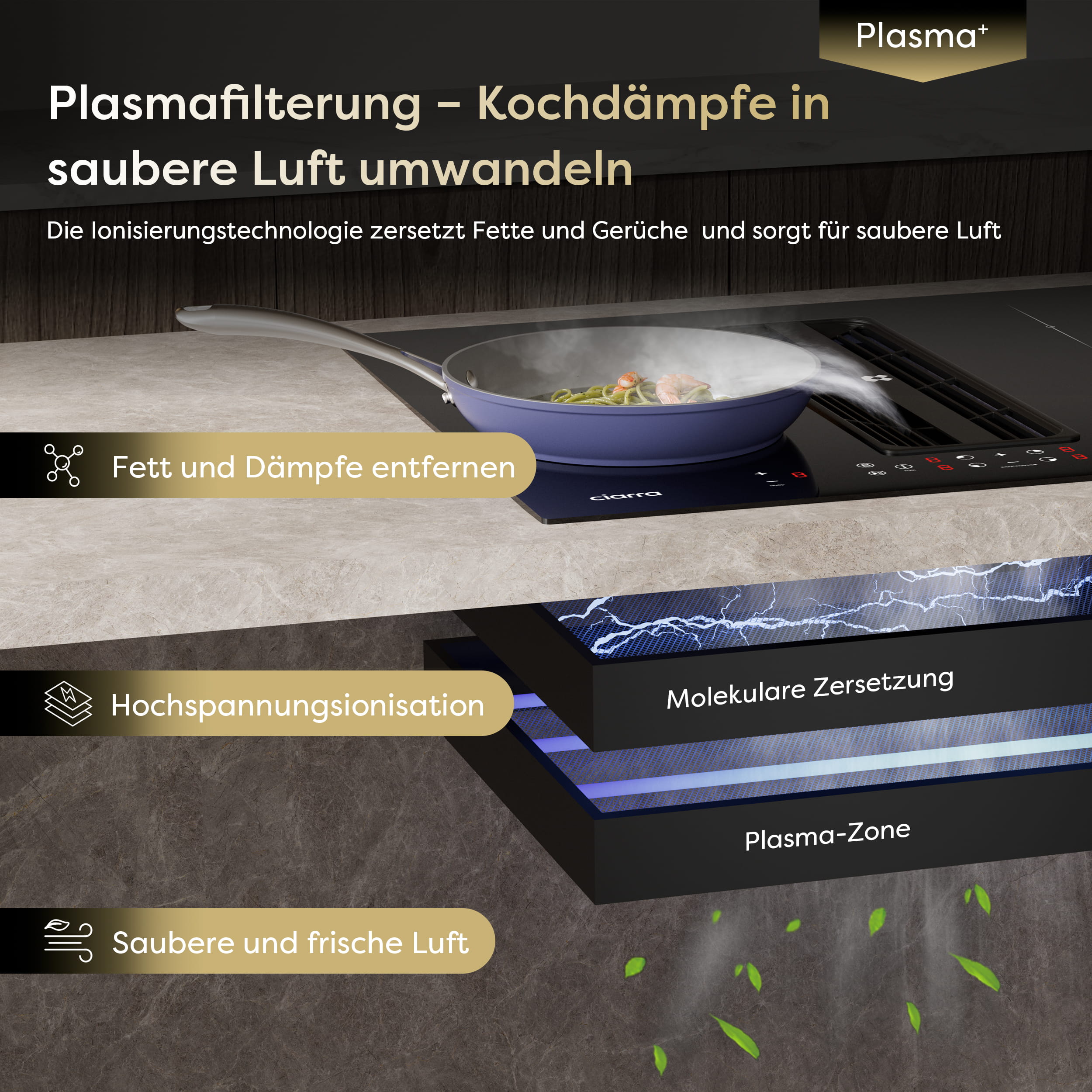 Ciarra ONE Induktions-Abzugskochfeld Kompakt 590 mm mit integriertem Plasma⁺-System und Boost und Flexzone CBBEH594BBF-OW