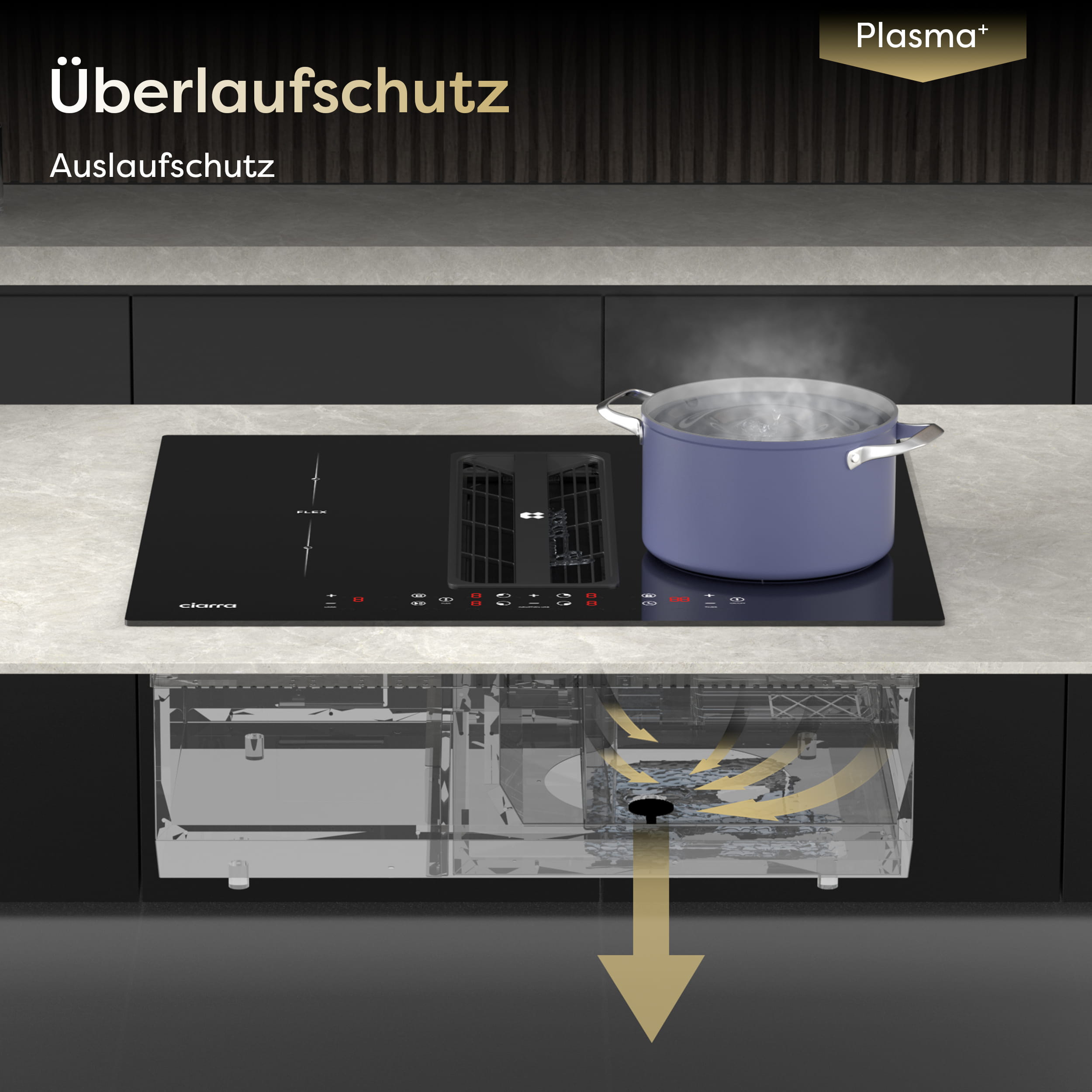 Ciarra ONE Induktions-Abzugskochfeld Kompakt 590 mm mit integriertem Plasma⁺-System und Boost und Flexzone CBBEH594BBF-OW