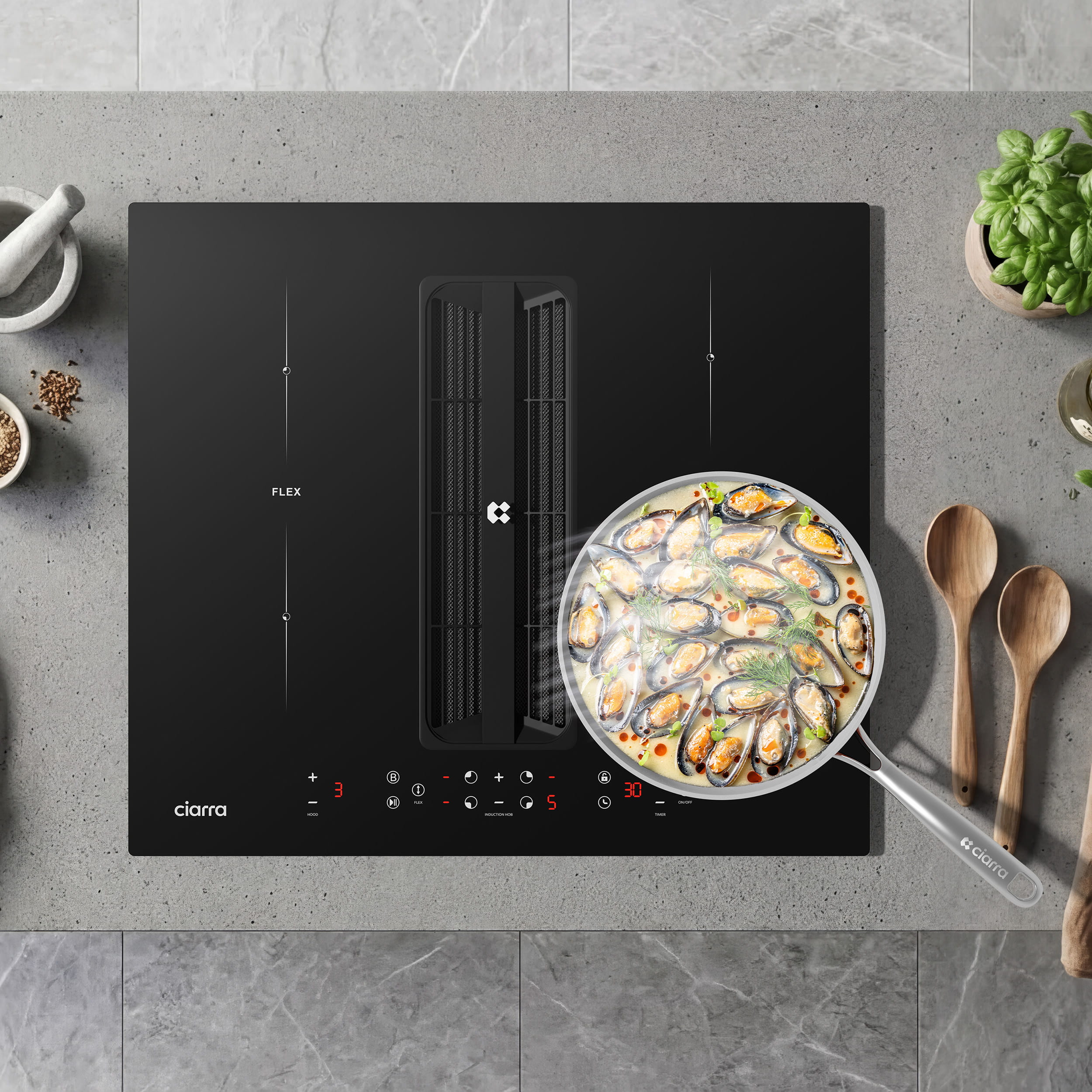 Ciarra ONE Induktions-Abzugskochfeld Kompakt 590 mm mit integriertem Plasma⁺-System und Boost und Flexzone CBBEH594BBF-OW