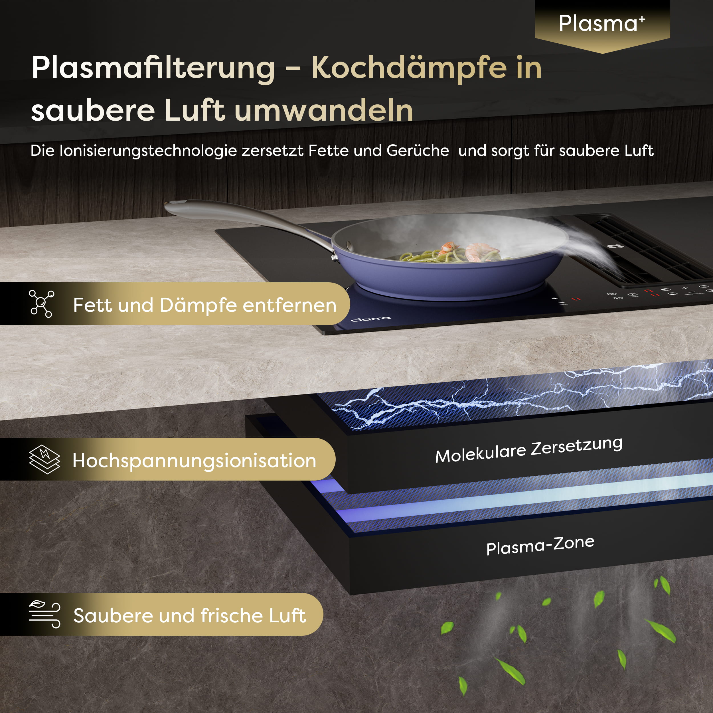 Ciarra ONE Induktions-Abzugskochfeld Ultra 830 mm mit integriertem Plasma⁺-System und Boost und Flexzone CBBEH834BBF-OW