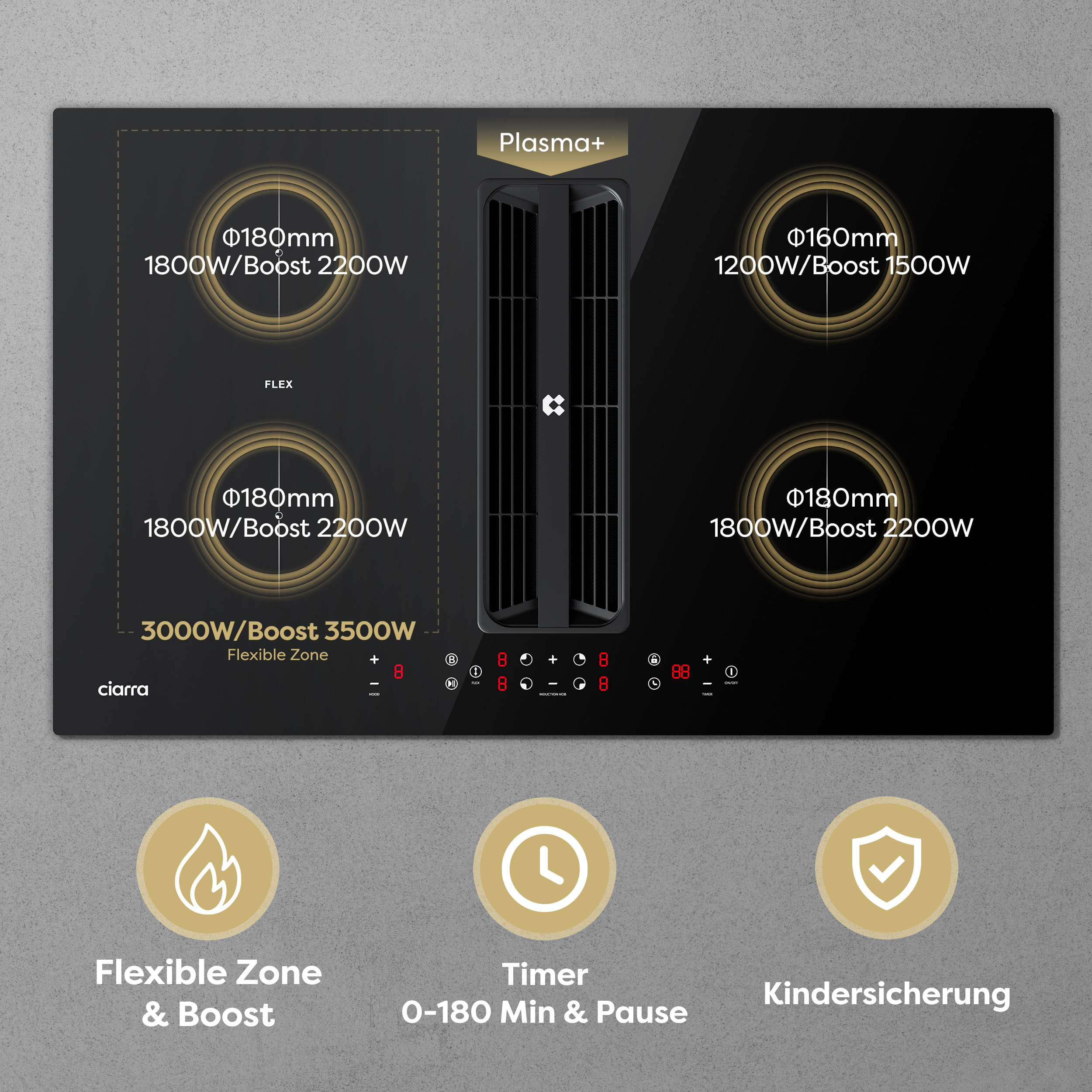 Ciarra ONE Induktions-Abzugskochfeld Ultra 830 mm mit integriertem Plasma⁺-System und Boost und Flexzone CBBEH834BBF-OW