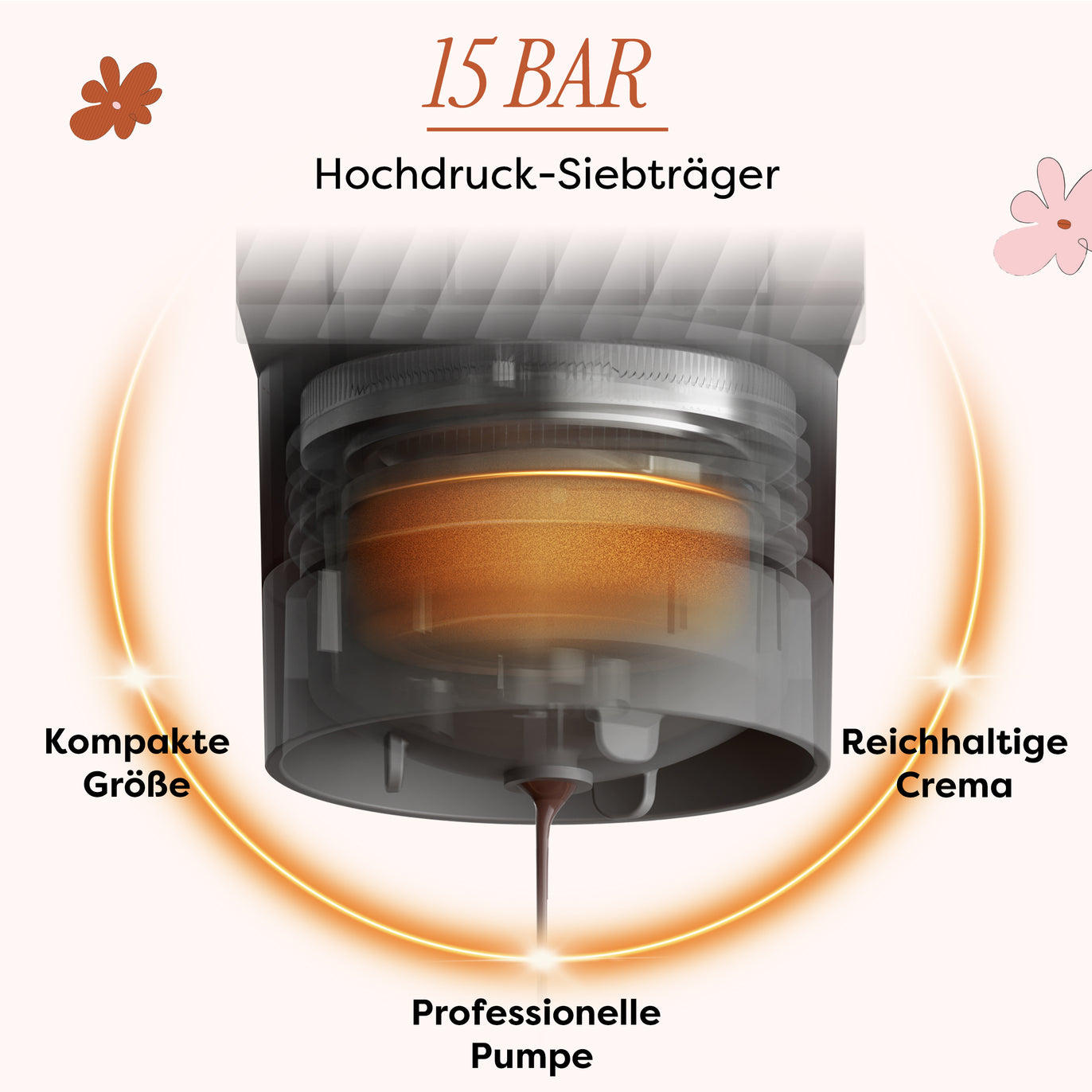Ciarra BloomBox Kaffeemaschine Tragbare Espressomaschine 15 Bar, Umweltfreundlich Kapsellos, Zuhause & Outdoor | CBPCM551-P