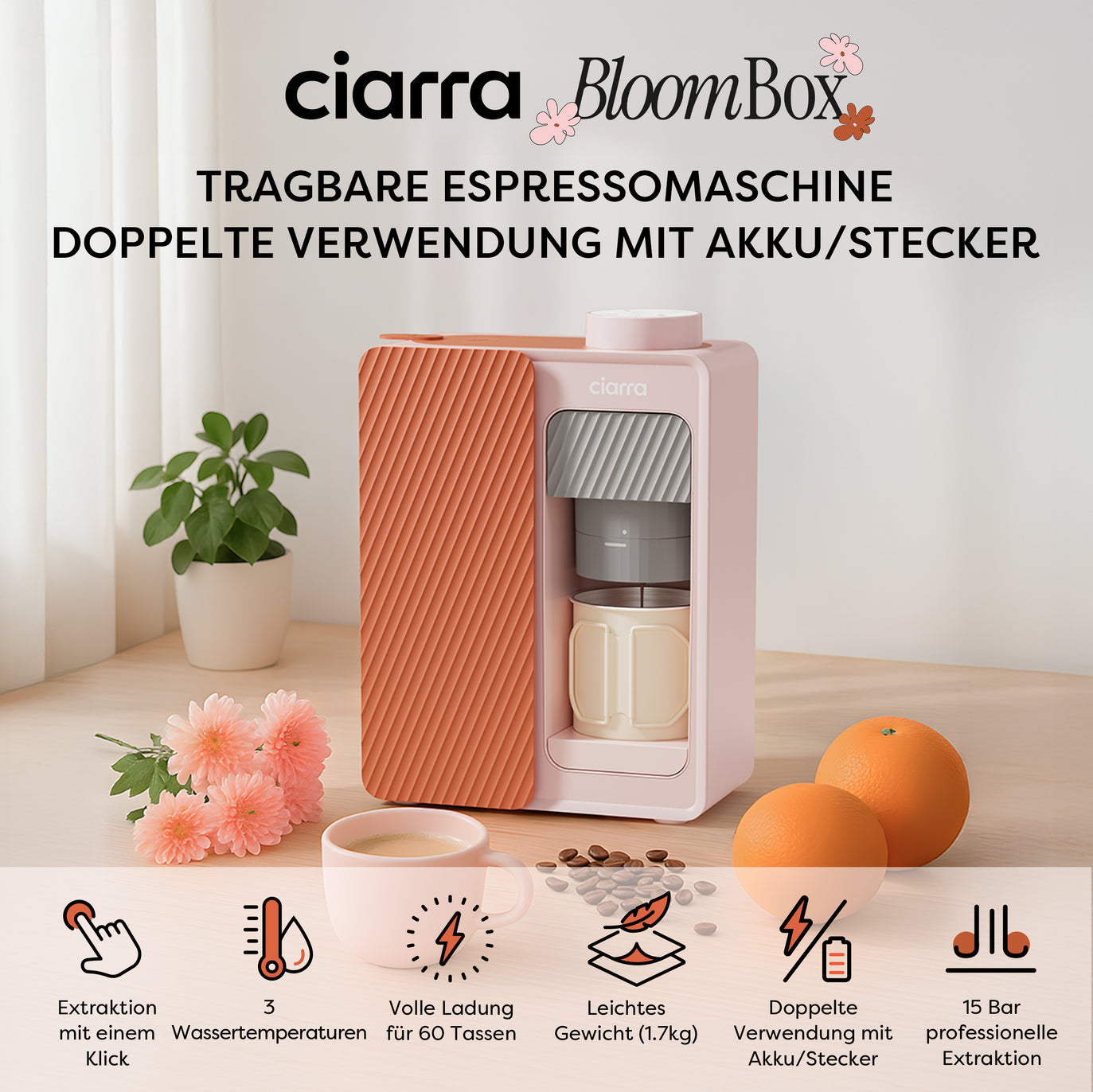 Ciarra BloomBox Kaffeemaschine Tragbare Espressomaschine 15 Bar, Umweltfreundlich Kapsellos, Zuhause & Outdoor | CBPCM551-P