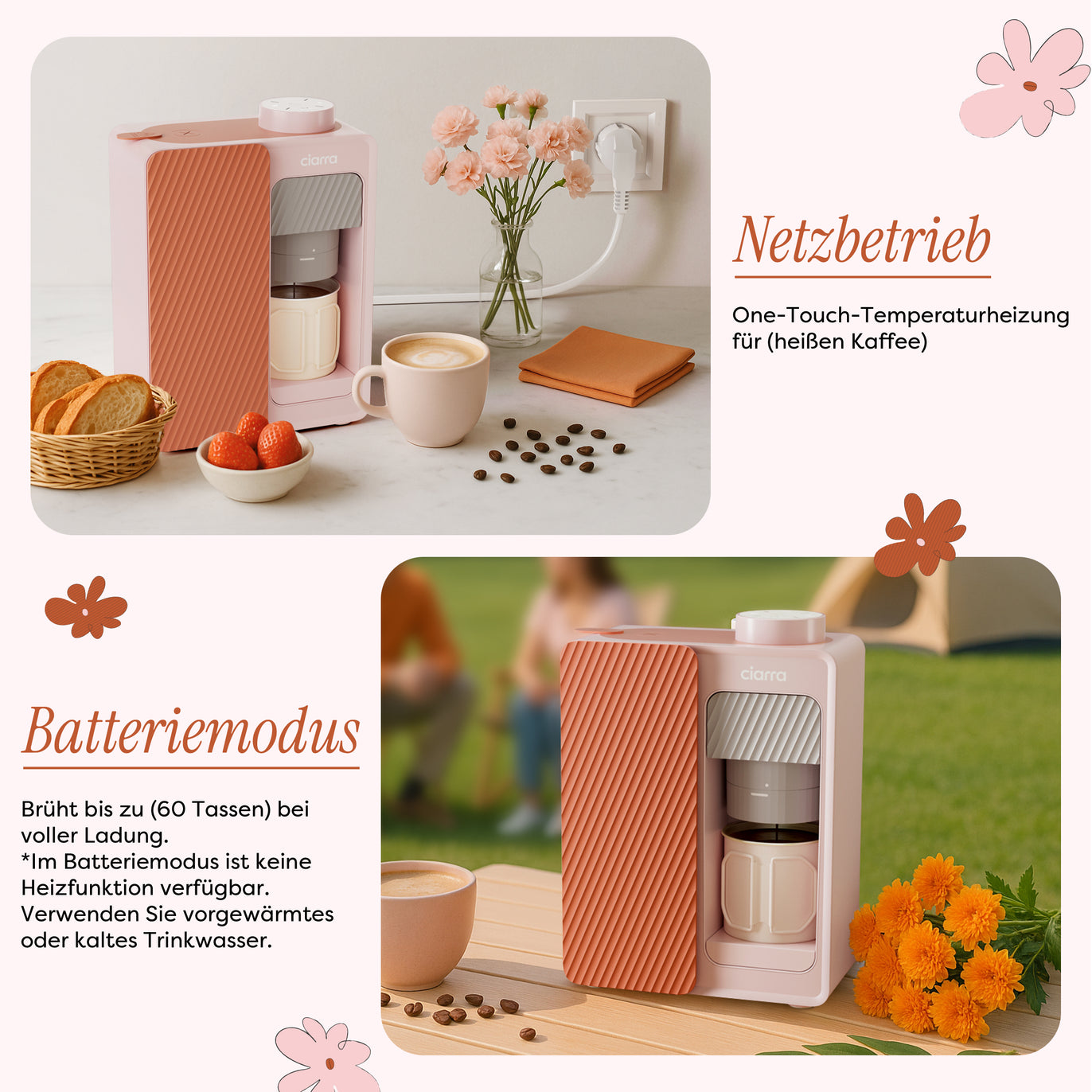 Ciarra BloomBox Kaffeemaschine Tragbare Espressomaschine 15 Bar, Umweltfreundlich Kapsellos, Zuhause & Outdoor | CBPCM551-P